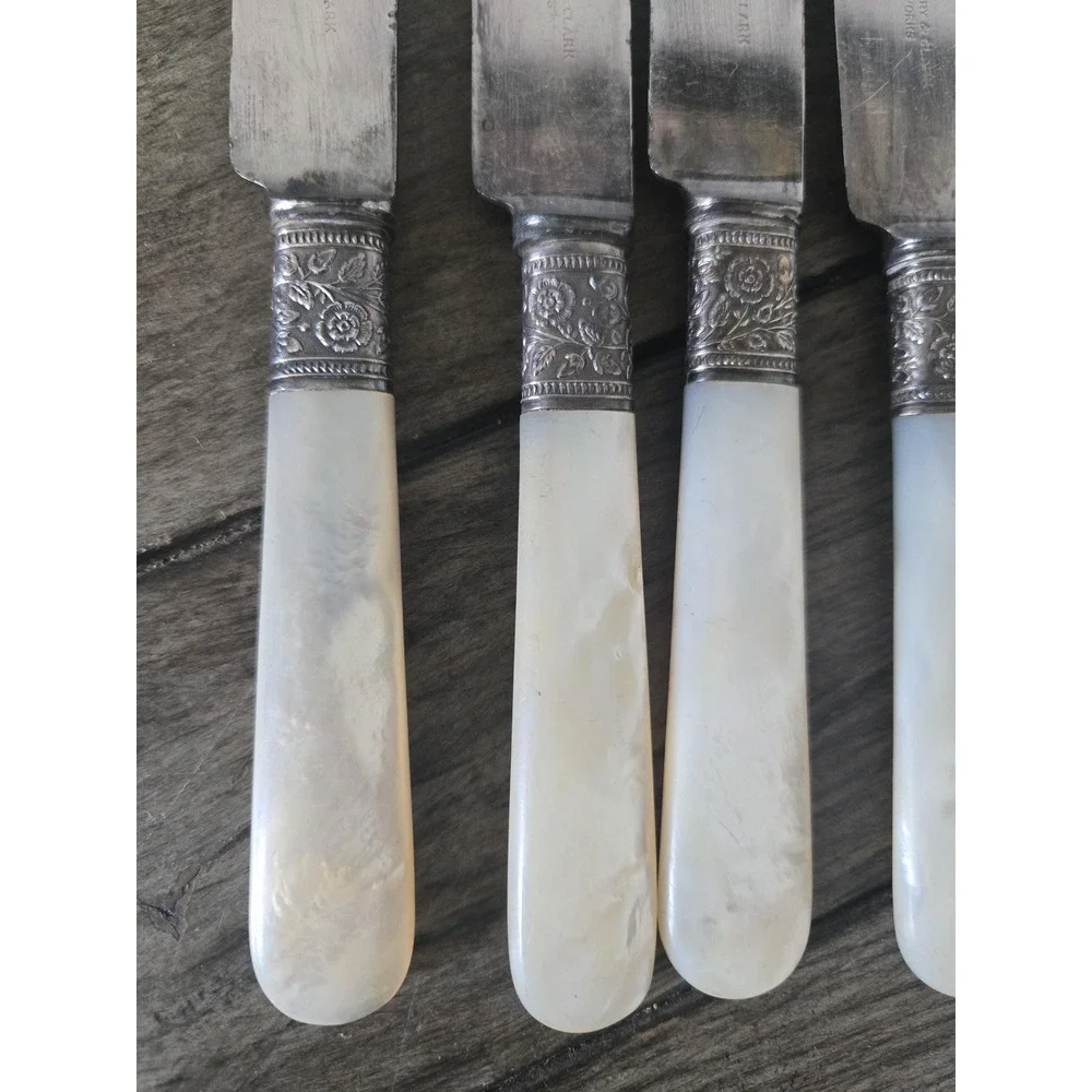 6 Antique Landers Frary & Clark Pearl & Sterling Silver Rose Band Butter Knives
